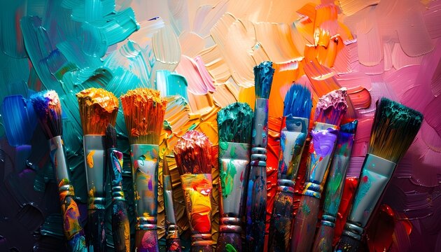 Pinsel mit Farbe vor einem bunten Bildhintergrund