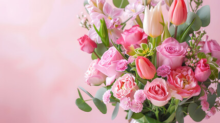 Colorful bouquet of tulips, roses and carnations on a pastel pink background with space for copy. Spring flowers composition in the style of a flat lay