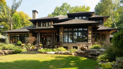 Suburban house with an eclectic design, combining elements of different architectural styles to create a unique and personalized appearance. generative ai