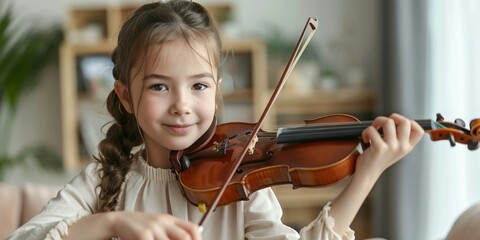 A talented young violinist enjoys practicing and playing melodies, showcasing her artistic passion and dedication.