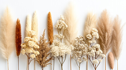 Beautiful arrangement of pampas grass and dried flowers in various shades of cream, brown, and white against a light background