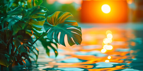 Monstera leaves bathed in vibrant sunlight reflected on rippling water, creating a tropical paradise scene. ideal for nature themed designs, posters, or digital art projects
