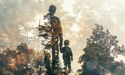 Fototapeta premium Father's day celebration. father and little son with double exposure graphic design