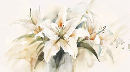 Beautiful Watercolor Painting of Lilies With Soft Pastel Colors in Springtime