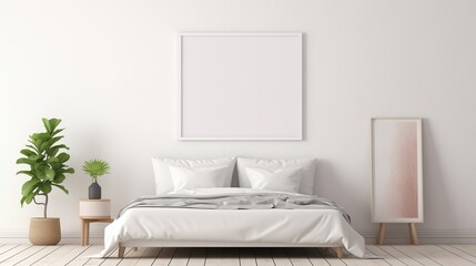 A white empty blank frame mockup mounted on a white wall in a contemporary bedroom, with a cozy bed and artistic wallpaper.