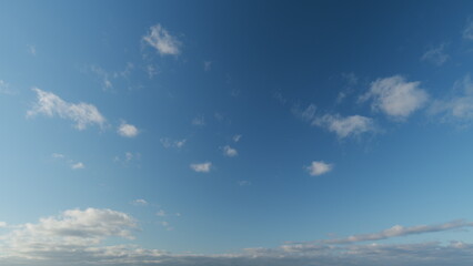 Blue cloudy sky with white clouds. Clear sky with few wispy stratocumulus clouds. Timelapse.