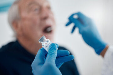 Man, hands and vial with elderly patient for checkup, exam or healthcare swab test at hospital for...