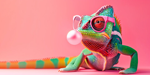 Colorful Chameleon with Sunglasses and Bubble Gum. Fun and Quirky Animal Concept for Creative Design and Advertising