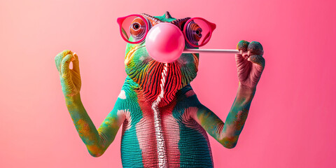 Colorful Chameleon with Glasses Blowing Bubblegum - Fun and Quirky Image for Creative Projects