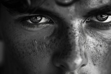 Face and eyes of man in black and white photo, high quality, high resolution