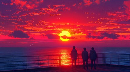 Fototapeta premium People watching sunset at sea. Characters from behind, looking and enjoying evening sky, sun, standing on deck, pier. Seaside landscapes, travel posters set. Flat graphic vector illustrations
