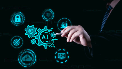 Ai technology, Artificial Intelligence. man using technology smart robot AI, artificial intelligence by enter command prompt for generates something, Futuristic technology transformation. Chat with Ai