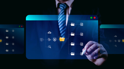 Document Management System (DMS), Businessman using digital documents to search, store, archive and manage and to reduce paper. Solution for paperless office. Digital business security process.