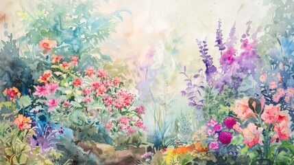 Vibrant Watercolor Garden With Blossoming Flowers in a Lush Summer Landscape