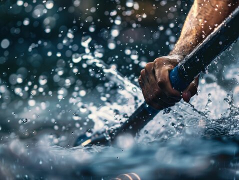 A muscular athlete rowing through water with splashes around.