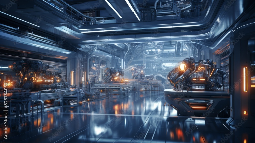 Poster gleaming, state-of-the-art electronics factory, where rows of advanced high-precision robot arms met