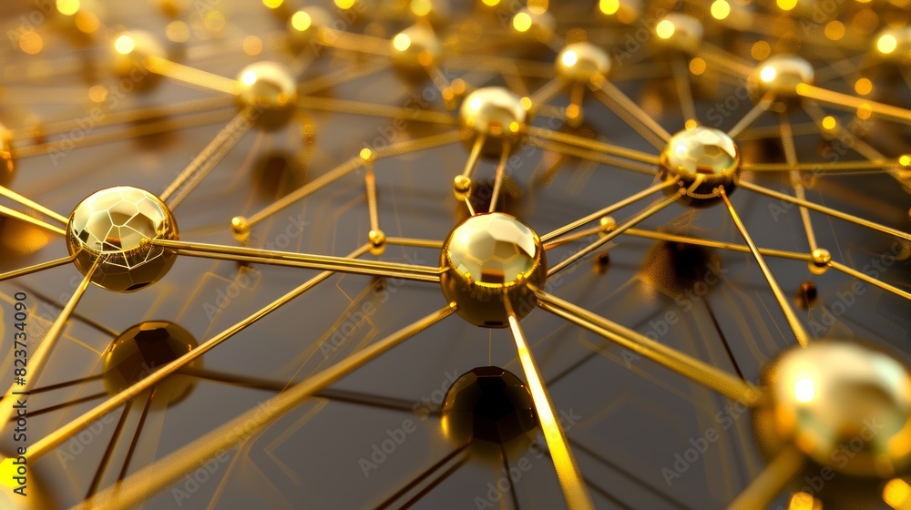 Poster decentralized blockchain network, with nodes represented as interconnected spheres and transaction data flowing between them.