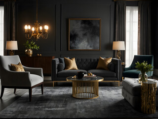 Combine dark gray walls with luxurious textures like velvet, brass accents, and rich wood furniture for a moody design and elegant living room or bedroom design.
