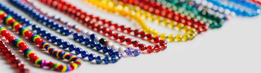 Beaded pride necklaces, various flag patterns on display