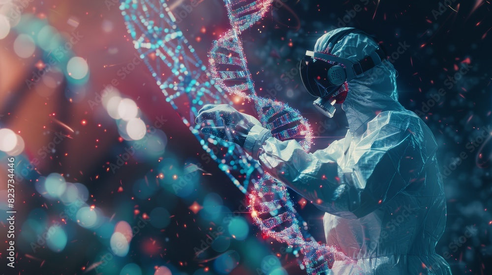 Poster a scientist examining a dna-like structure made of data strands, revealing the intricate patterns of