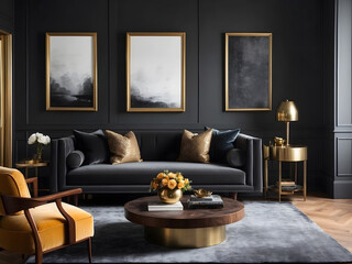 Combine dark gray walls with luxurious textures like velvet, brass accents, and rich wood furniture for a moody design and elegant living room or bedroom design.