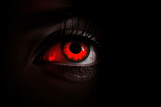 Woman's red eye in the dark. Piercing eyes. Burning demonic eyes. Copy space. Close up. 3D digital illustration