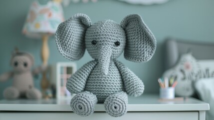 Handmade crochet elephant doll on white dresser in baby room generative ai