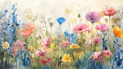 Vibrant Watercolor Garden With Blossoming Flowers in a Lush Summer Landscape