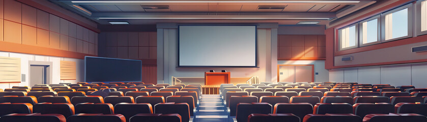Fototapeta premium University Lecture Hall: Featuring rows of seats, a podium, projector screen, and students listening to a lecture
