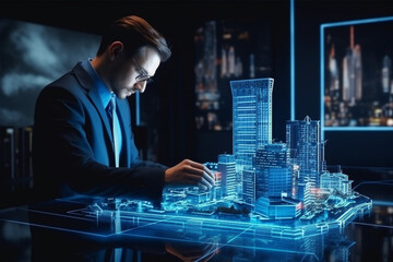 An engineer designs a city using a hologram and augmented reality screens.