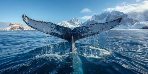 In the cold, snowy ocean, a humpback whale's tail creates a majestic splash.