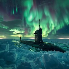 Witness the majestic silhouette of a nuclear-powered submarine breaking through Arctic ice, its hull glistening under the ethereal Northern Lights.