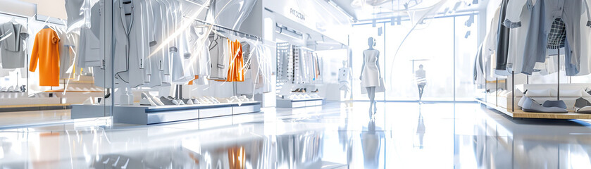 Fashion Showroom Floor: Displaying clothing racks, mannequins, fashion sketches, and models trying on outfits