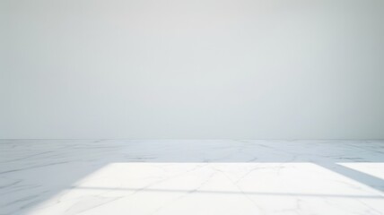 Minimalistic White Room with Marble Floor and Sunlight Streaming Through a Window, Creating a Calm and Serene Atmosphere.