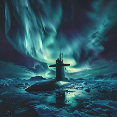 Witness the majestic silhouette of a nuclear-powered submarine breaking through Arctic ice, its hull glistening under the ethereal Northern Lights.