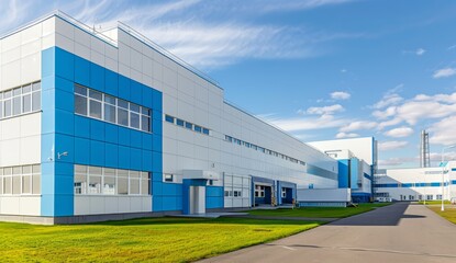 A photo of the exterior of an industrial building in modern Russian style, featuring white and blue walls with green grass near it