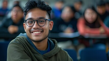 Fototapeta premium Close-up of a smiling young man with glasses in a classroom, conveying positivity and engagement among peers.