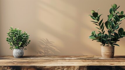 Potted Green Plants on a Rustic Wooden Table with Soft Shadows Against a Warm Beige Background.