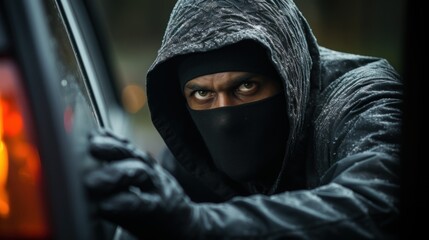 A person in a dark hooded jacket is engaging with a car, potentially in an illicit activity