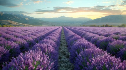 A vast lavender field under a warm sunset sky.