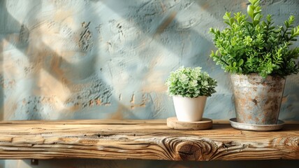 Rustic Charm. Two Green Plants in Vintage Pots on a Weathered Wooden Shelf Against a Textured Blue Wall.