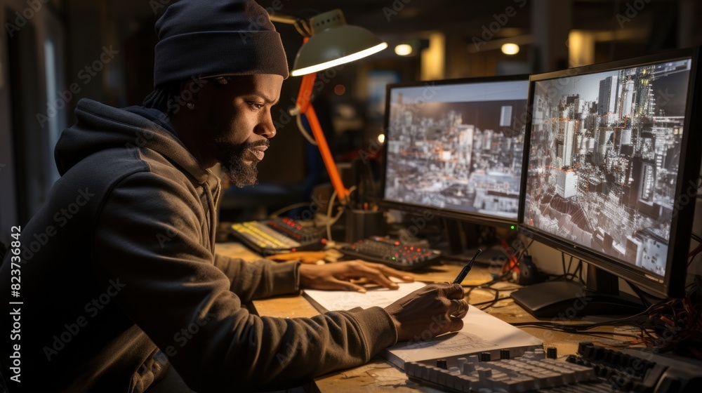 Poster an individual is engaged in work with a focus on multiple displays and a notepad in a dimly lit room