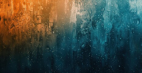 Abstract background with contrasting orange and blue gradient with paint splatters and water droplets. Vibrant artistic grunge design perfect for contemporary projects, web design or print materials