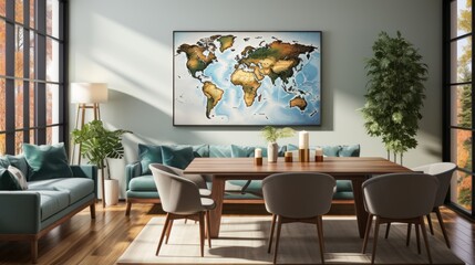 A contemporary styled living room with a world map framed artwork on the wall, bathed in natural light and furnished with plush sofas and a wooden table