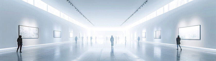 Art Gallery Floor: Displaying white walls, spotlights, art installations, and visitors admiring the artwork