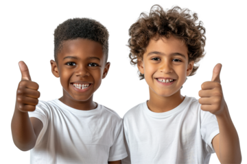 Two cheerful Brazilian little boys doing thumbs up at camera. Isolated over white transparent background