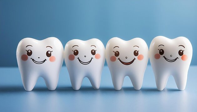 white cute smiling tooth characters with faces smile on blue background