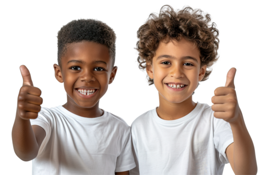 Two cheerful Brazilian little boys doing thumbs up at camera. Isolated over white transparent background - Powered by Adobe