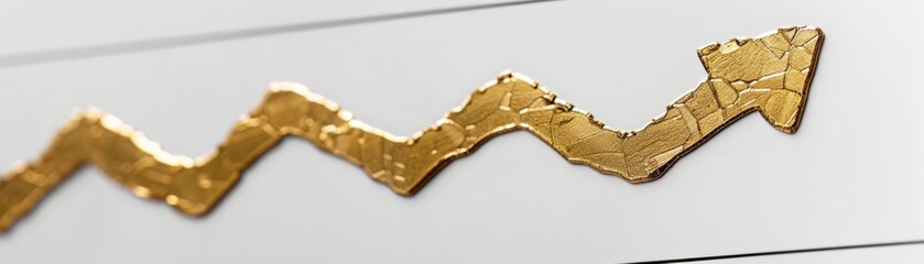 Golden upwardpointing arrow on a line graph, clean white background, economic growth representation, stock photo, copy space