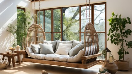 A modern and cozy living room featuring hanging chairs, a large daybed, and green plants by window